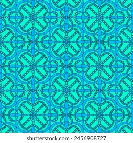 Beads and chains pattern in turquoise on fresh green background. For fashion and home decor graphic design such as fabric print, wallpaper, kitchen towel, tablecloths, bedclothes, wrapping, covering