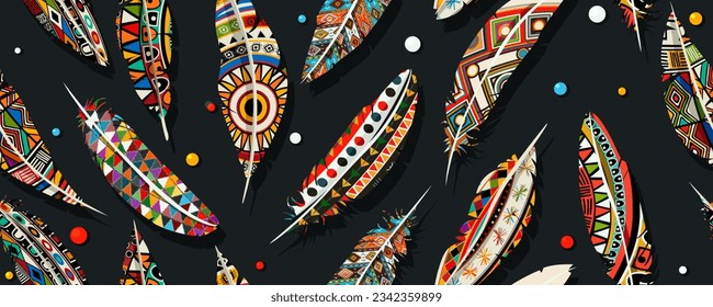 Beads and feathers horizontal seamless pattern.  Fashionable template for clothes, t-shirt design. Tribal style, native american art