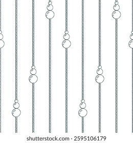Perles d'or fin avec des pendentifs de perles rayures de verticale. Noël, Nouvelle année, hiver Le dessin au trait est une simple illustration dessinée à la main à l'encre noire et blanche. Motif harmonieux Image vectorielle EPS