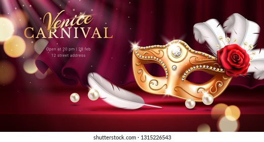 Beads and golden mask at mardi gras parade banner. Rose and feather near colombina mask as background for venice carnival invitation. Flyer or poster with curtain for venetian holiday.Masquerade theme