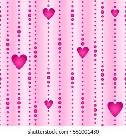 Beads and hearts on a threads isolated on pink background. Vector seamless pattern