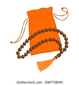 Beads for mantras. Rosary religious with pouch. Vector Illustration 