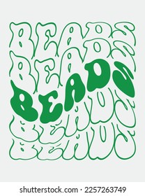 Beads Mardi Gras quote retro wavy groovy repeat text Mirrored typography on white background