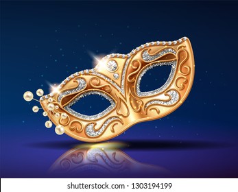 Beads near golden mask for festival. Beading near theatrical colombina masque. Face cover for party masquerade or brazil carnival. Man and woman costume part for mardi gras or opera. Fashion, holiday