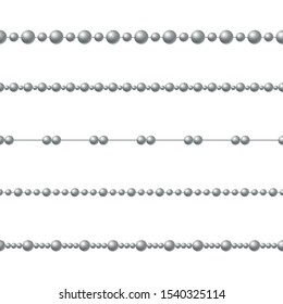 Beads necklace, metallic rope vector seamless pattern. Silver bijouterie isolated on white background. Stylish jewelry, platinum line with pearls wrapping paper, wallpaper textile design