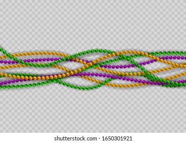 Beads on a transparent background. Beautiful chain of different colors. Realistic elements for design Mardi Gras. Beads Isolated on transparent