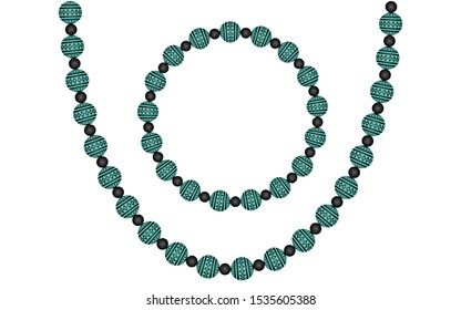 Beads on a white background, black beads and beads with a green pattern, vector illustration, eps 10