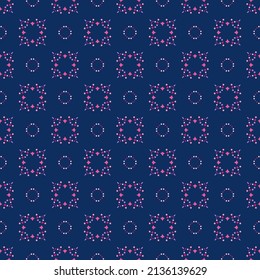 Beads Pattern Vector. Vintage blue and pink background with purple abstract flowers. Flourish symmetrical ornament, oriental motif