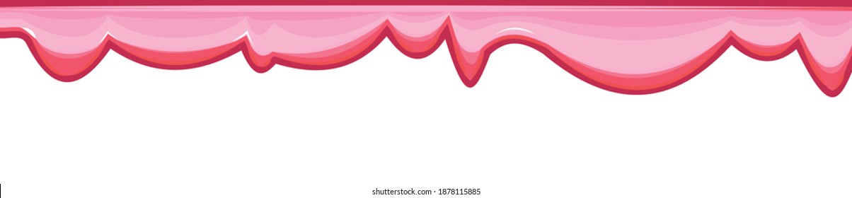 Beads of pink liquid. Custard. Red ice cream. Thick flowing paint. Slime. The drops are slipping. The isolated object on a white background. Flat cartoon style. Shine. Frame. Vector