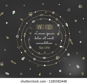 Beads round frame for greeting card or invitation. Luxury vector background with gold elements