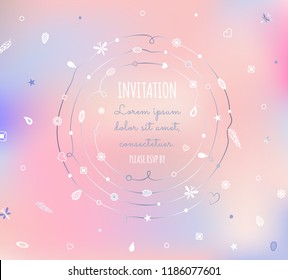 Beads round frame on pink gradient background with place for text. May be used for greeting card or invitation
