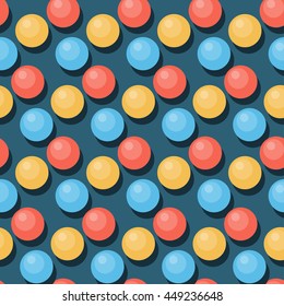 Beads seamless pattern background. Flat style. Cartoon bright circle beads isolated on blue cover for use in design.