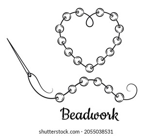 Beadwork embroidery, beading handmade line icon. Sewing needle with thread for sew glass beads to fabric. 