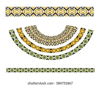 Beadwork with ornament. Ethnic jewelry. Fashion embroidery for women's clothing.