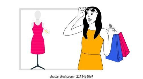 Beafutiful girl wow pose shopping expressions vector illustrations design element drawing orange dressed with shopping bag