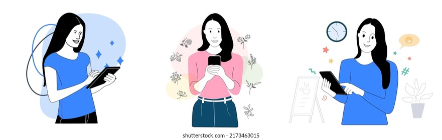 Maravillosas expresiones femeninas 3 conjuntos ilustraciones vectoriales combinadas dibujo de elementos de diseño