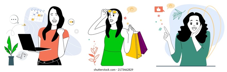 Beafutiful girls wow expressions 3 set combo vector illustrations design element drawing