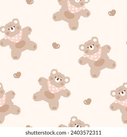 beage cute hand drawn teddy bears with brown hearts on a neutral background, seamless pattern