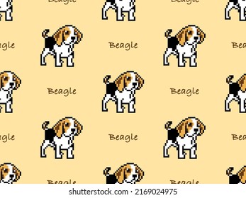 Beagle cartoon character seamless pattern on yellow background. Pixel style
