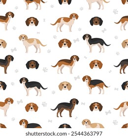 Beagle Cavalier King Charles Spaniel mezcla. Patrón sin fisuras Beaglier. Conjunto de diferentes colores de pelaje.  Ilustración vectorial