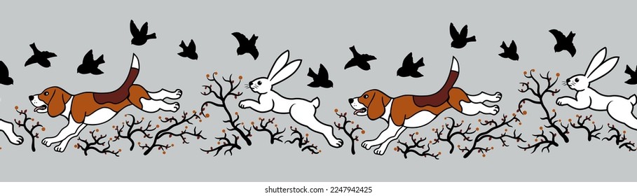 Beagle is chasing a hare. Seamless vector pattern. Cartoon style.