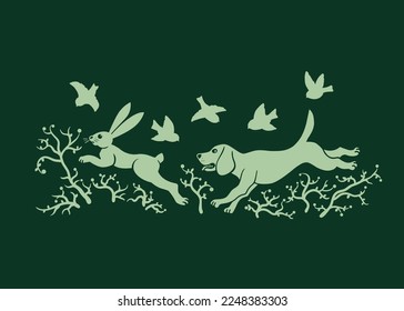 Beagle is chasing a hare. Vector silhouettes. Cartoon style. Hunting illustration.