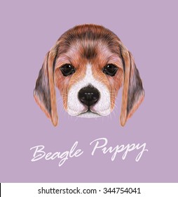 Beagle dog animal cute face. Vector fawn British beagle puppy head portrait. Realistic fur portrait of purebred brown beagle doggie isolated on lilac background.