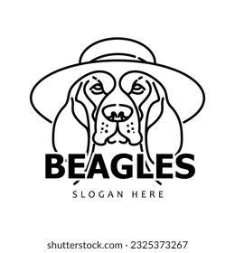 perro beagle con sombrero playa vectorial ilustración línea de arte logo