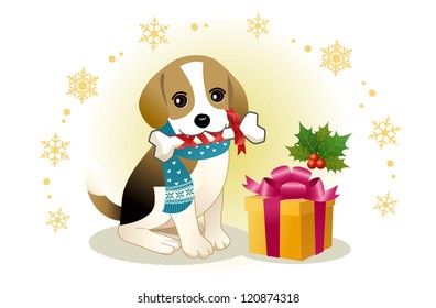 Beagle dog biting ribboned bone with christmas present box. Vector, EPS10. Transparency, gradation is used.