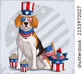 Beagle dog breed in 4th of July disguise wearing Uncle Sam hat, with USA flag and fireworks 