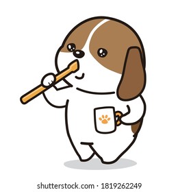 A beagle dog brushing her teeth.