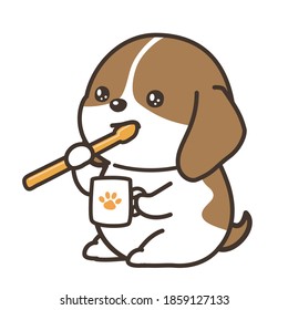 A beagle dog brushing its teeth.