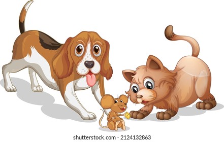 Beagle dog and cat cartoon on white background illustration