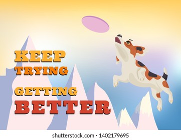 Beagle dog catching a flying disc in the air, jumping very high over mountain peak in background, Concept for trying hard to getting better. vector illustration.