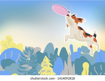 Beagle dog catching a flying disc in the air, jumping very high over tree in background, Concept for trying hard to getting better. vector illustration.