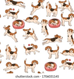 Beagle dog in different poses seamless pattern. Vector graphics.	