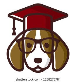 Beagle dog with eyeglasses and graduation hat