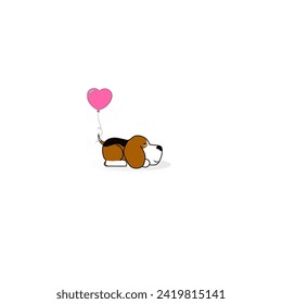Beagle dog lying with a pink heart shaped attached its tail, dog, puppy lover pet care  art cartoon  logo vector .