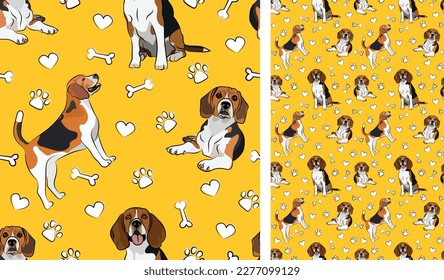 Beagle dog on a playful yellow background with bones and paws. Funky, colorful vibe, vibrant palette. Simple, clean, modern texture. Summer seamless pattern with dogs. Birthday present. Valentine,love