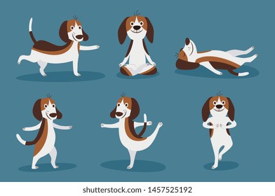 Beagle dog or puppy laying and playing set of flat cartoon vector illustrations isolated on blue background. Funny animal pet collection for children textile and items.