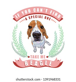 Beagle dog sitting in frame ,leaves and ribbon with text on white background, vector illustration.