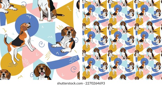 Beagle dog summer pastel wallpaper. Holiday abstract circles, squares, spirals, confetti. seamless background, repeatable pattern. Birthday wallpaper, Christmas present, print tiles. Geometric.