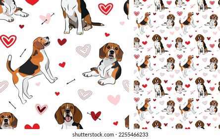 Beagle dog Valentine's day heart wallpaper. Love doodles creative hearts with pets holiday texture. square background, repeatable pattern. St Valentine's day wallpaper, valentine present, print tiles.