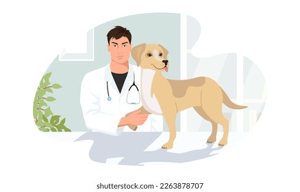 Beagle dog at veterinary visit in medical clinic office. Healthy puppy not anxiety on therapy paw on vet appointment of veterinarian man doctor. Health care of homeless animal. Vector illustration