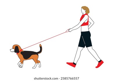 Beagle dog, dog walking, simple illustration of a woman walking Flat design with main lines