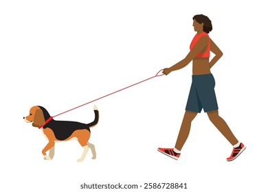 Beagle dog, dog walking, simple illustration of a black woman walking Flat design.