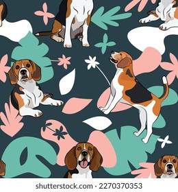 Beagle dog wallpaper with leaves, palms, flowers, plants. Pastel green, pink, navy. Holiday abstract natural shapes. Seamless floral background with dogs, repeatable pattern. Birthday wallpaper. 