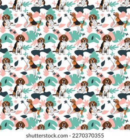 Beagle dog wallpaper with leaves, palms, flowers, plants. Pastel green, pink, navy. Holiday abstract natural shapes. Seamless floral background with dogs, repeatable pattern. Birthday wallpaper. 