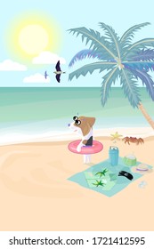 Beagle dog wear swim ring on beach prepare to play water in sea, Vector illustration. Sunrise with cloud and bird flying on sky in morning with coconut tree and small stuff of on beach. 