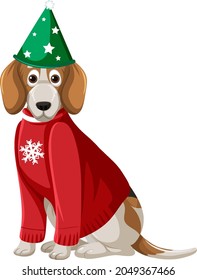 Beagle Dog wearing Christmas hat cartoon character  illustration